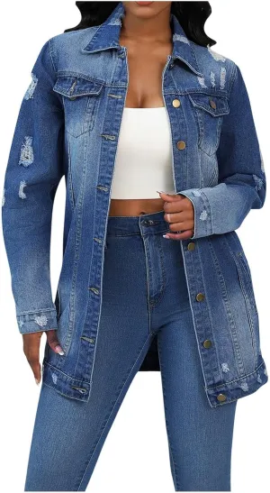 Mzkdieey Denim Jacket for Women Oversized Ripped Distressed Jean Jacket Casual Long Sleeve Button Down Boyfriend Jean Coat