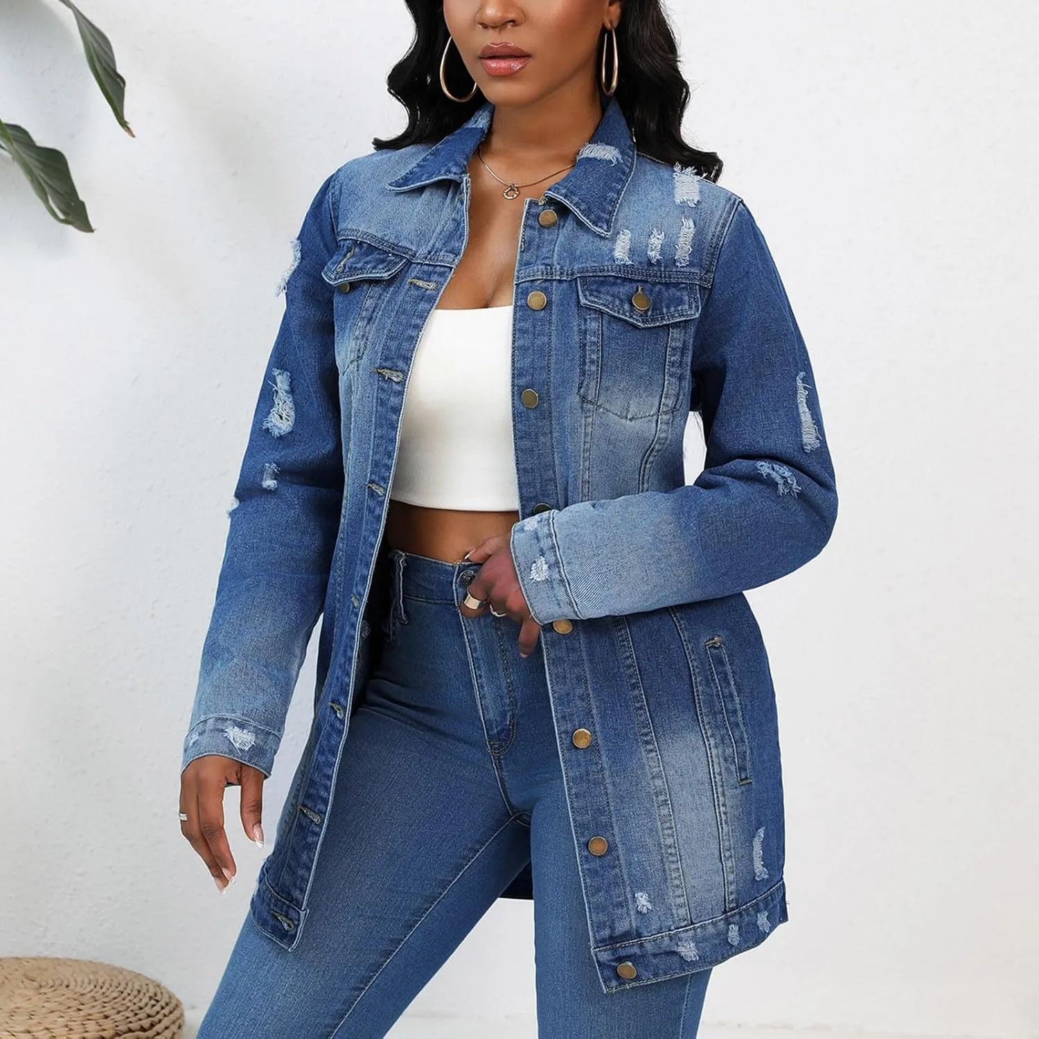 Mzkdieey Denim Jacket for Women Oversized Ripped Distressed Jean Jacket Casual Long Sleeve Button Down Boyfriend Jean Coat