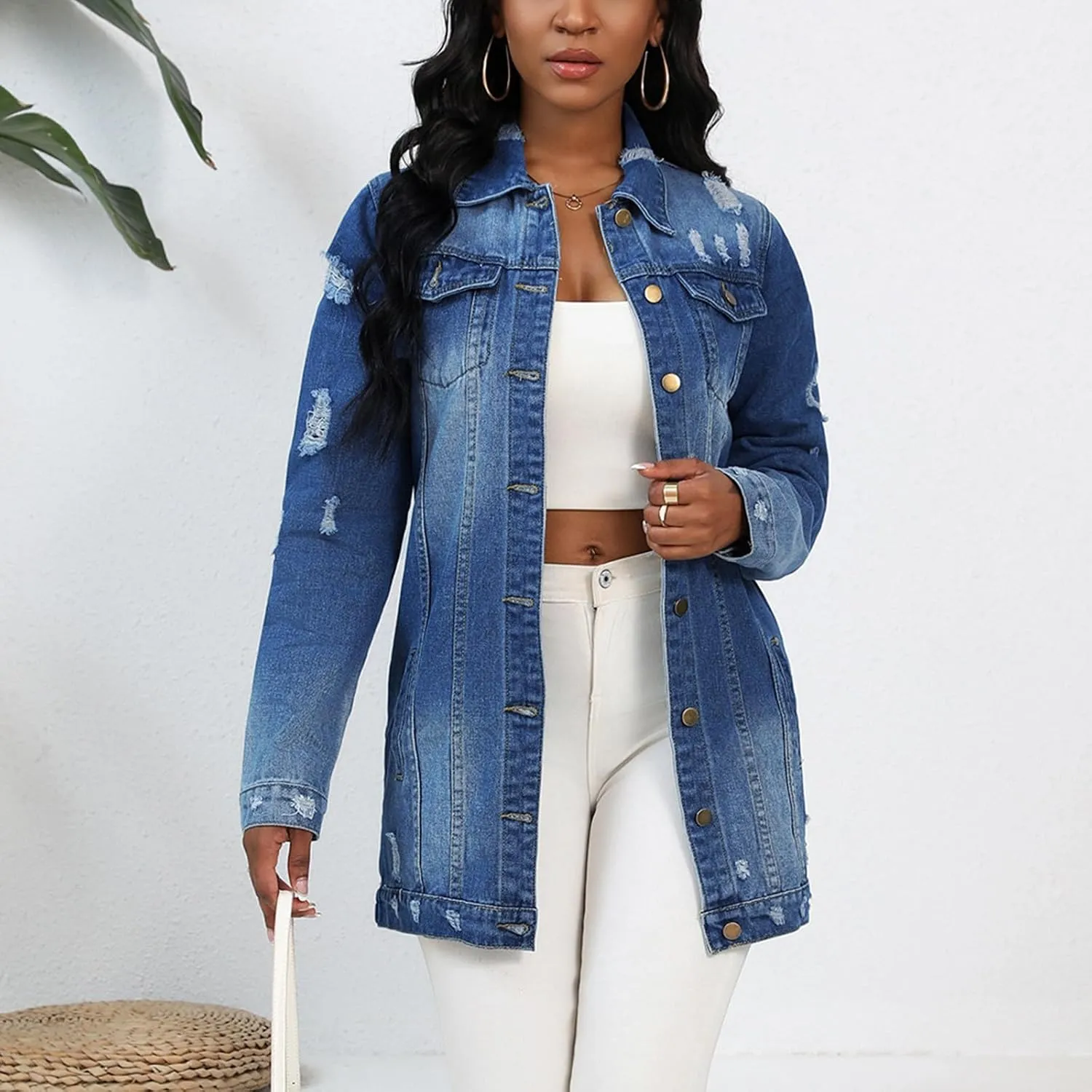 Mzkdieey Denim Jacket for Women Oversized Ripped Distressed Jean Jacket Casual Long Sleeve Button Down Boyfriend Jean Coat