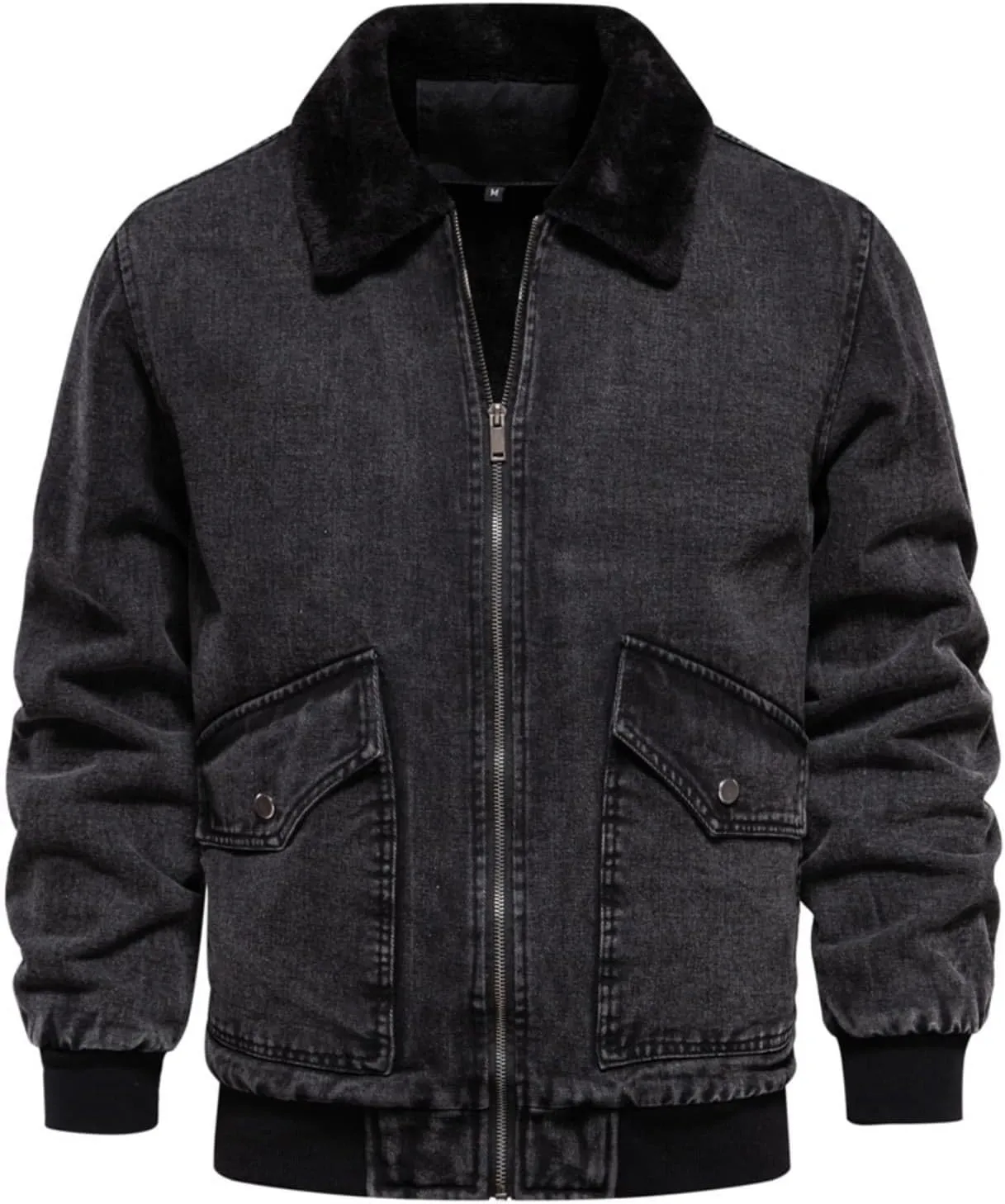 NATHGAM Mens Winter Denim Jacket Fuzzy Fleece Lined Zip Vintage Jean Trucker Coats Slim Sherpa Lapel Thicken Bomber Outerwear