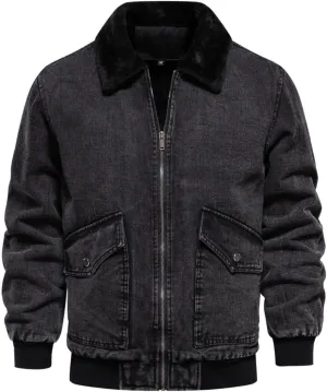 NATHGAM Mens Winter Denim Jacket Fuzzy Fleece Lined Zip Vintage Jean Trucker Coats Slim Sherpa Lapel Thicken Bomber Outerwear