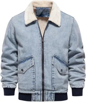 NATHGAM Mens Winter Denim Jacket Fuzzy Fleece Lined Zip Vintage Jean Trucker Coats Slim Sherpa Lapel Thicken Bomber Outerwear