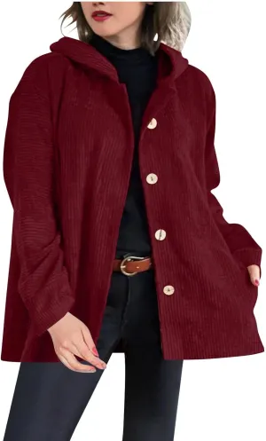 NATHGAM Women Corduroy Cardigan Sweaters Oversized Button Hooded Casual Coat Chunky Warm Fleece Knit Loose Fit Shacket Jacket