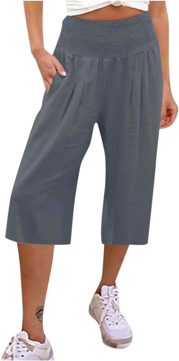 NBXNZWF Capris Pants for Women Cotton Linen 2025 Casual Summer Straight Wide Leg Loose Elastic High Waist Cropped Trouser