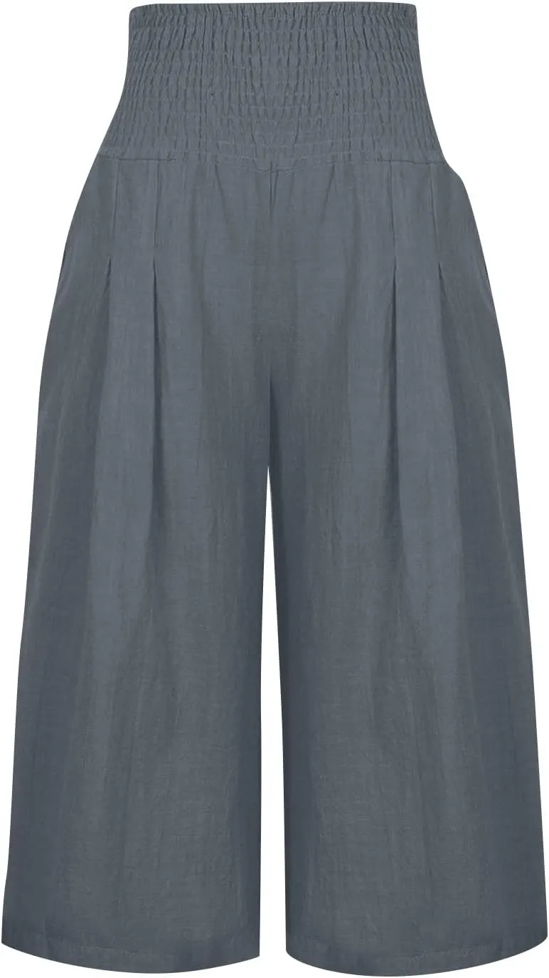 NBXNZWF Capris Pants for Women Cotton Linen 2025 Casual Summer Straight Wide Leg Loose Elastic High Waist Cropped Trouser