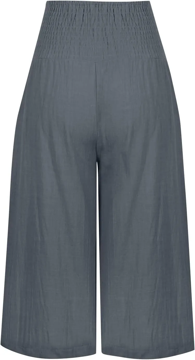 NBXNZWF Capris Pants for Women Cotton Linen 2025 Casual Summer Straight Wide Leg Loose Elastic High Waist Cropped Trouser
