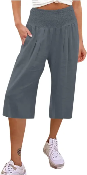 NBXNZWF Capris Pants for Women Cotton Linen 2025 Casual Summer Straight Wide Leg Loose Elastic High Waist Cropped Trouser