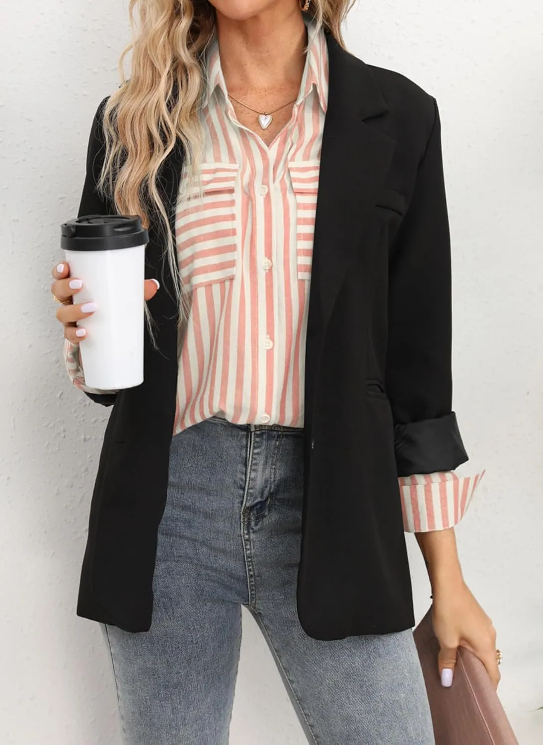 OMSJ Women's Striped Button Down Shirts Casual Long Sleeve Stylish V Neck Blouses Tops with Pockets