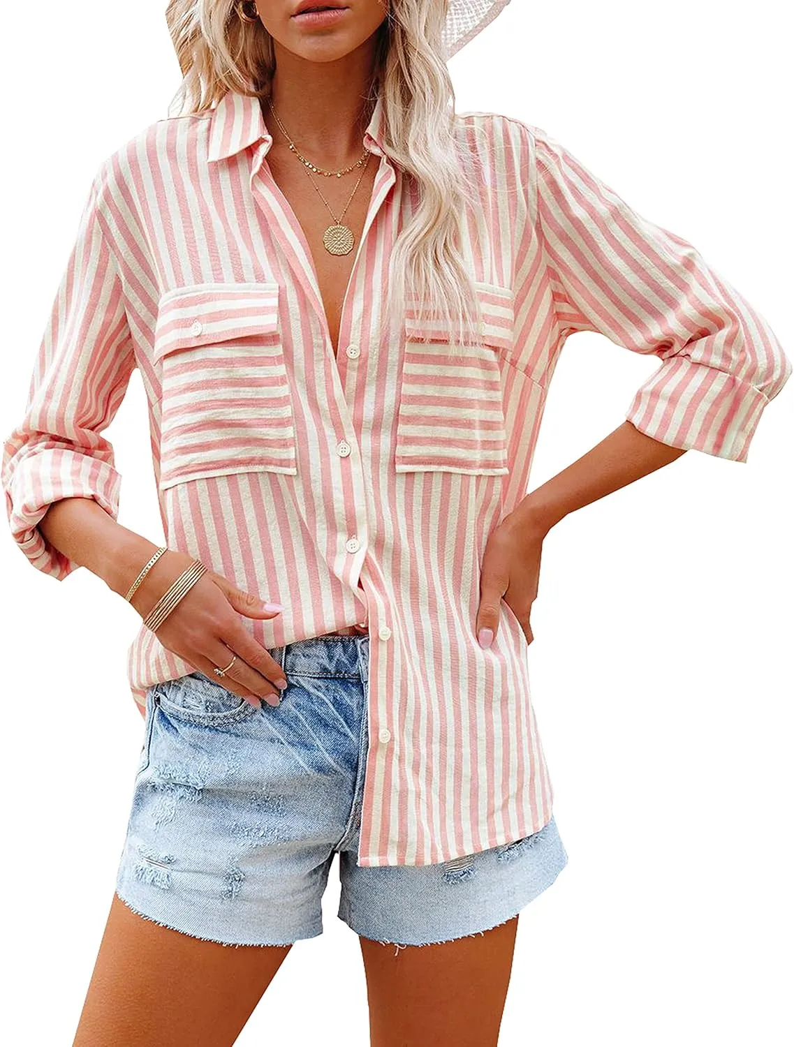 OMSJ Women's Striped Button Down Shirts Casual Long Sleeve Stylish V Neck Blouses Tops with Pockets