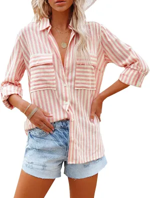 OMSJ Women's Striped Button Down Shirts Casual Long Sleeve Stylish V Neck Blouses Tops with Pockets