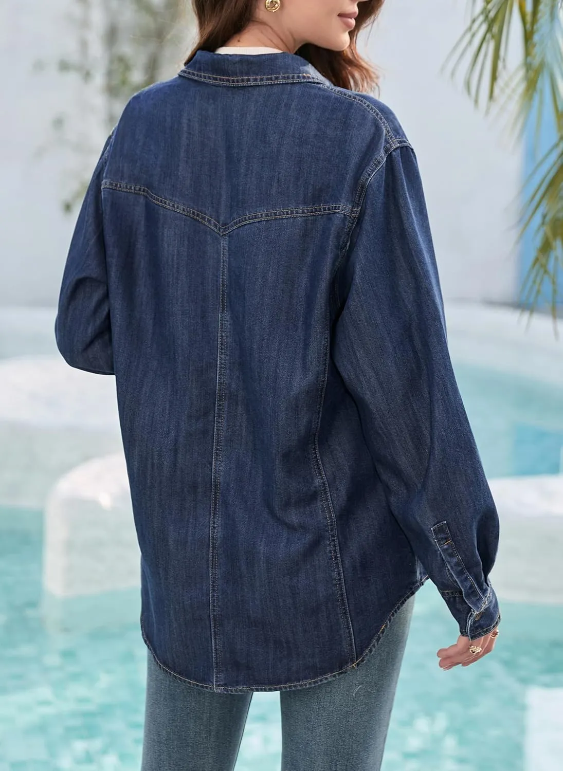 Oversized Denim Button Down Shirt Tencel Long Sleeve Lightweight Denim Shirt Jacket for Women