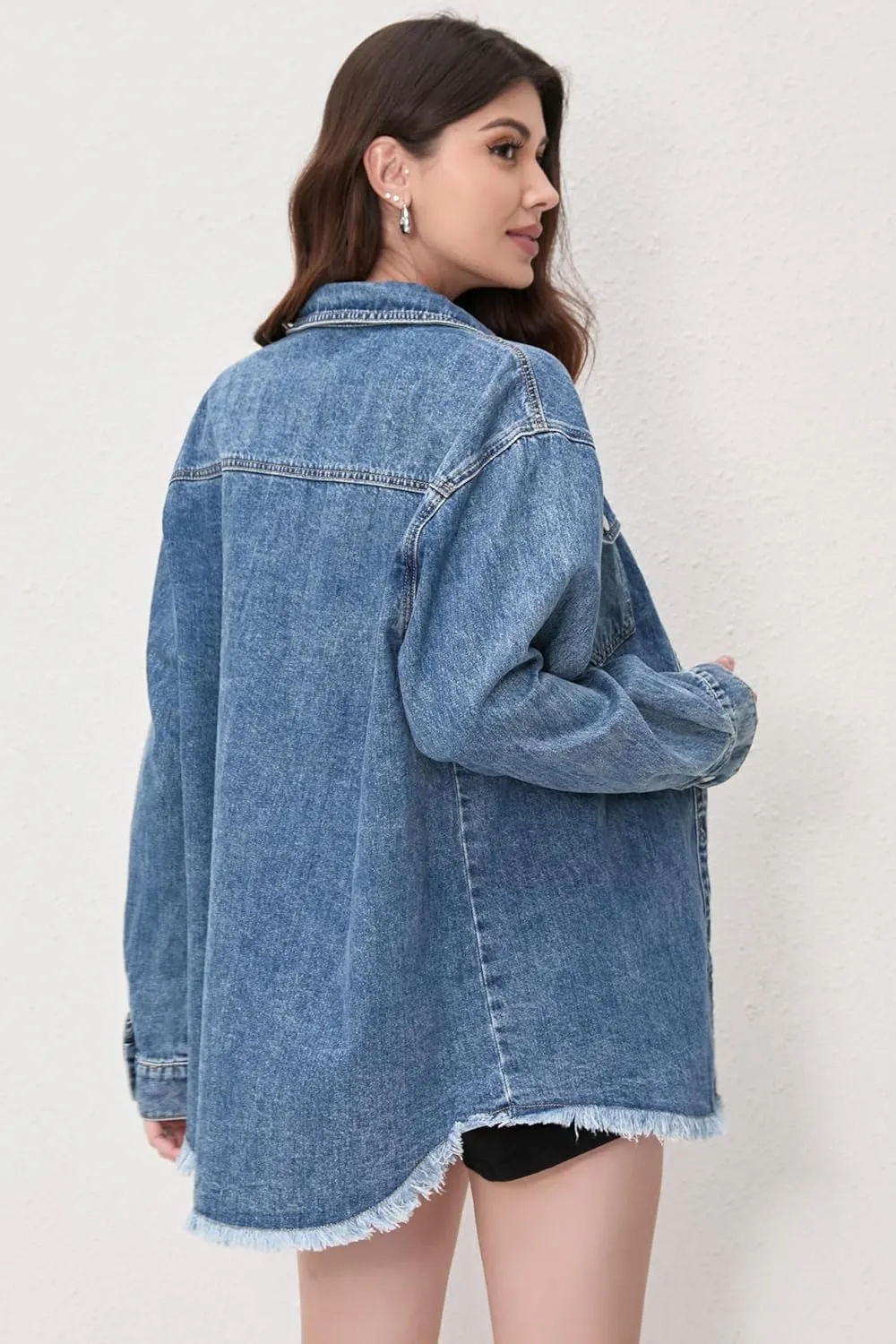 Oversized Denim Button Down Shirt Tencel Long Sleeve Lightweight Denim Shirt Jacket for Women