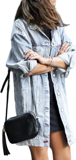 Oversized Jean Jacket for Women Long Denim Jacket Plus Size Distressed Denim Boyfriend Shacket Trench Coats Pockets