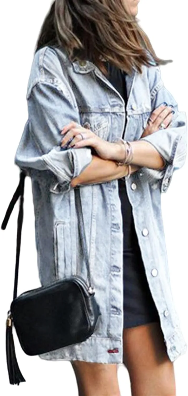 Oversized Jean Jacket for Women Long Denim Jacket Plus Size Distressed Denim Boyfriend Shacket Trench Coats Pockets