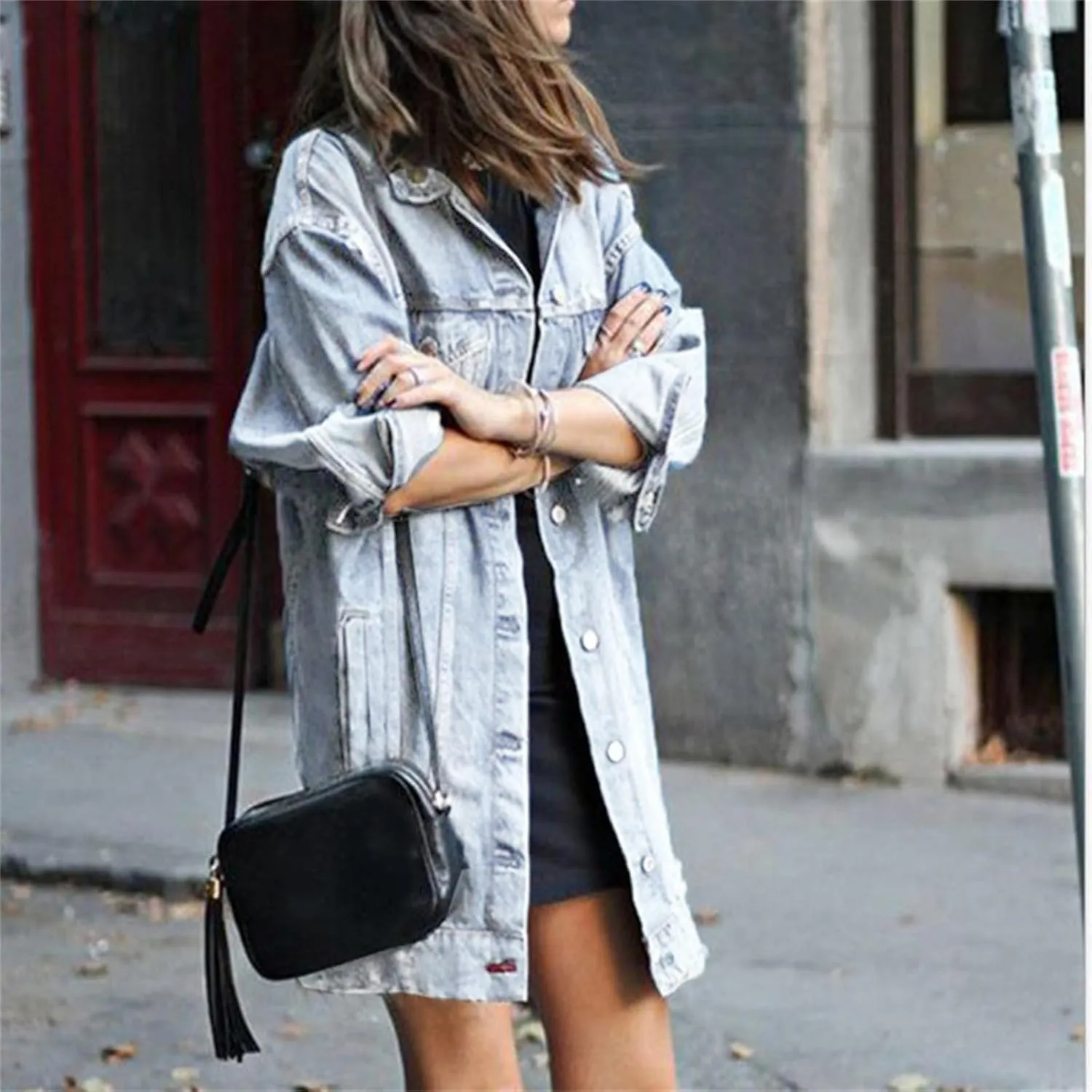 Oversized Jean Jacket for Women Long Denim Jacket Plus Size Distressed Denim Boyfriend Shacket Trench Coats Pockets