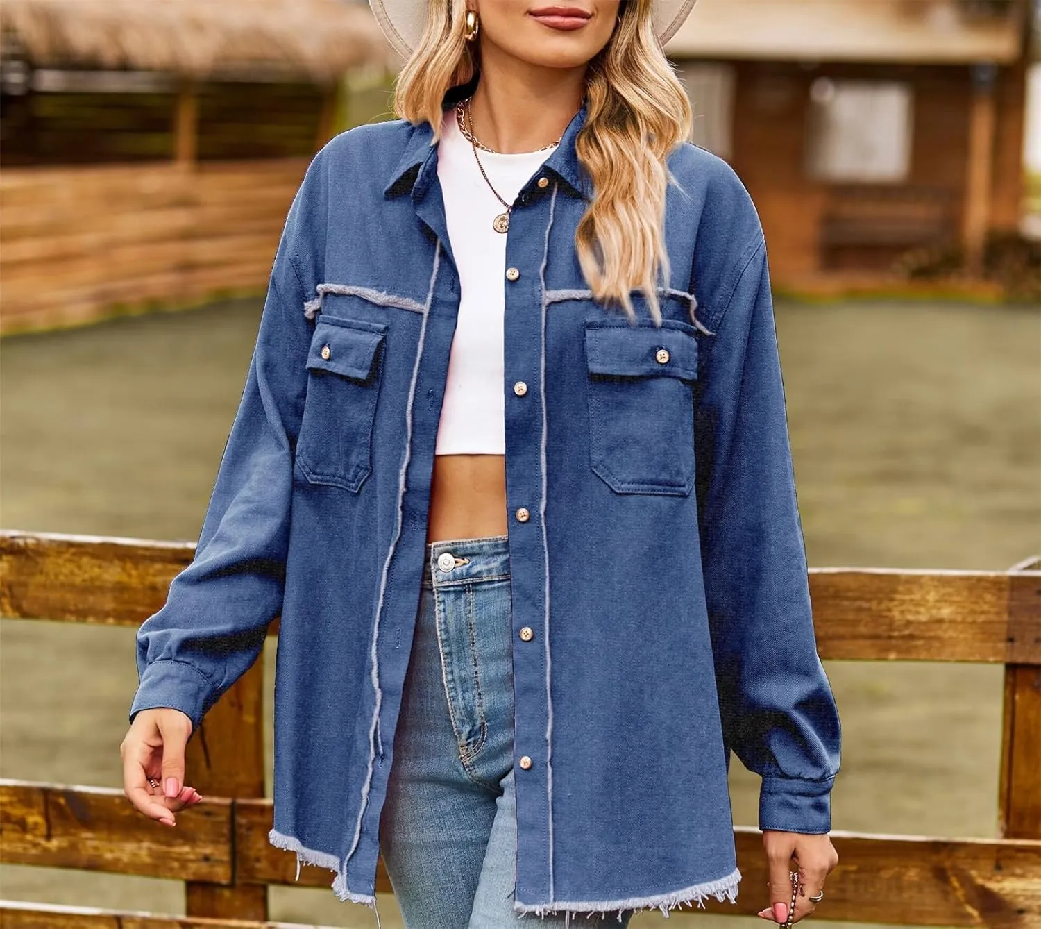 Oversized Jean Jacket for Women Long Denim Jacket Trendy Casual Long Sleeve Denim Buttom Down Shirt Shacket Pockets