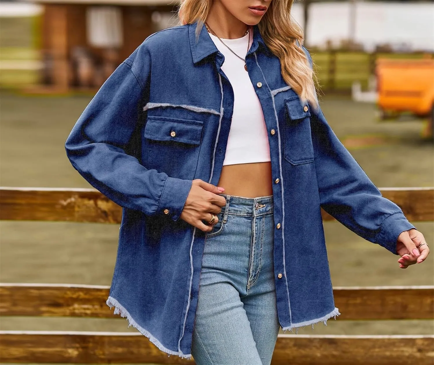Oversized Jean Jacket for Women Long Denim Jacket Trendy Casual Long Sleeve Denim Buttom Down Shirt Shacket Pockets
