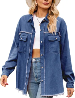 Oversized Jean Jacket for Women Long Denim Jacket Trendy Casual Long Sleeve Denim Buttom Down Shirt Shacket Pockets