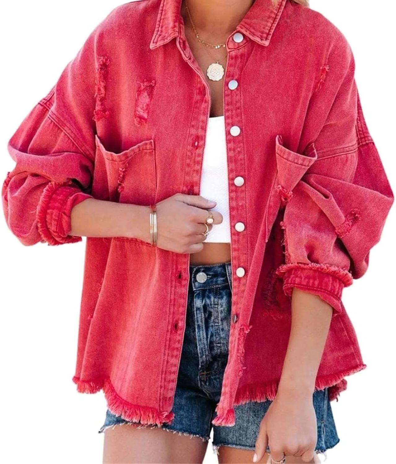 Oversized Jean Jacket for Women Trendy Plus Size Denim Jacket Long Sleeve Denim Shirts Distresse Jackets with Pockets