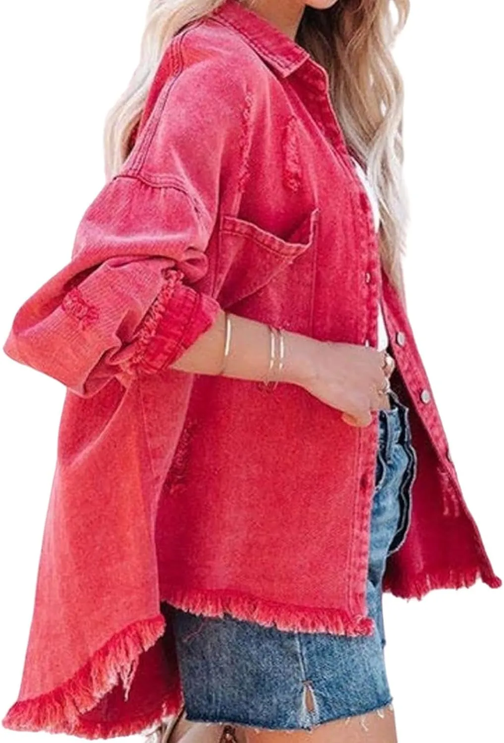 Oversized Jean Jacket for Women Trendy Plus Size Denim Jacket Long Sleeve Denim Shirts Distresse Jackets with Pockets