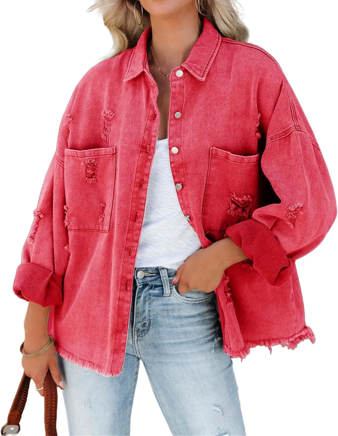 Oversized Jean Jacket for Women Trendy Plus Size Denim Jacket Long Sleeve Denim Shirts Distresse Jackets with Pockets