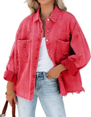 Oversized Jean Jacket for Women Trendy Plus Size Denim Jacket Long Sleeve Denim Shirts Distresse Jackets with Pockets