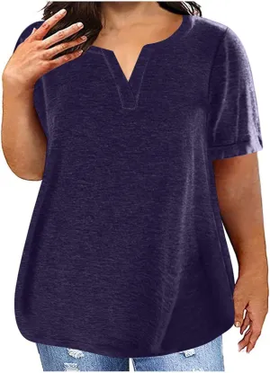 Oversized Tshirts for Women Cutout V Neck Summer Tops Casual Short Sleeved Dressy Blouse Loose Solid Flowy Shirts