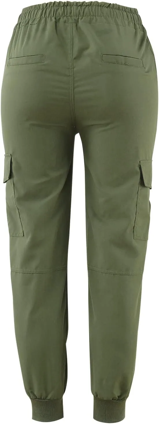 Petite Length Cargo Joggers Pants for Women Drawstring Elastic Waist Cropped Pants with Flap Pockets Athletic Fit Hiking Pant