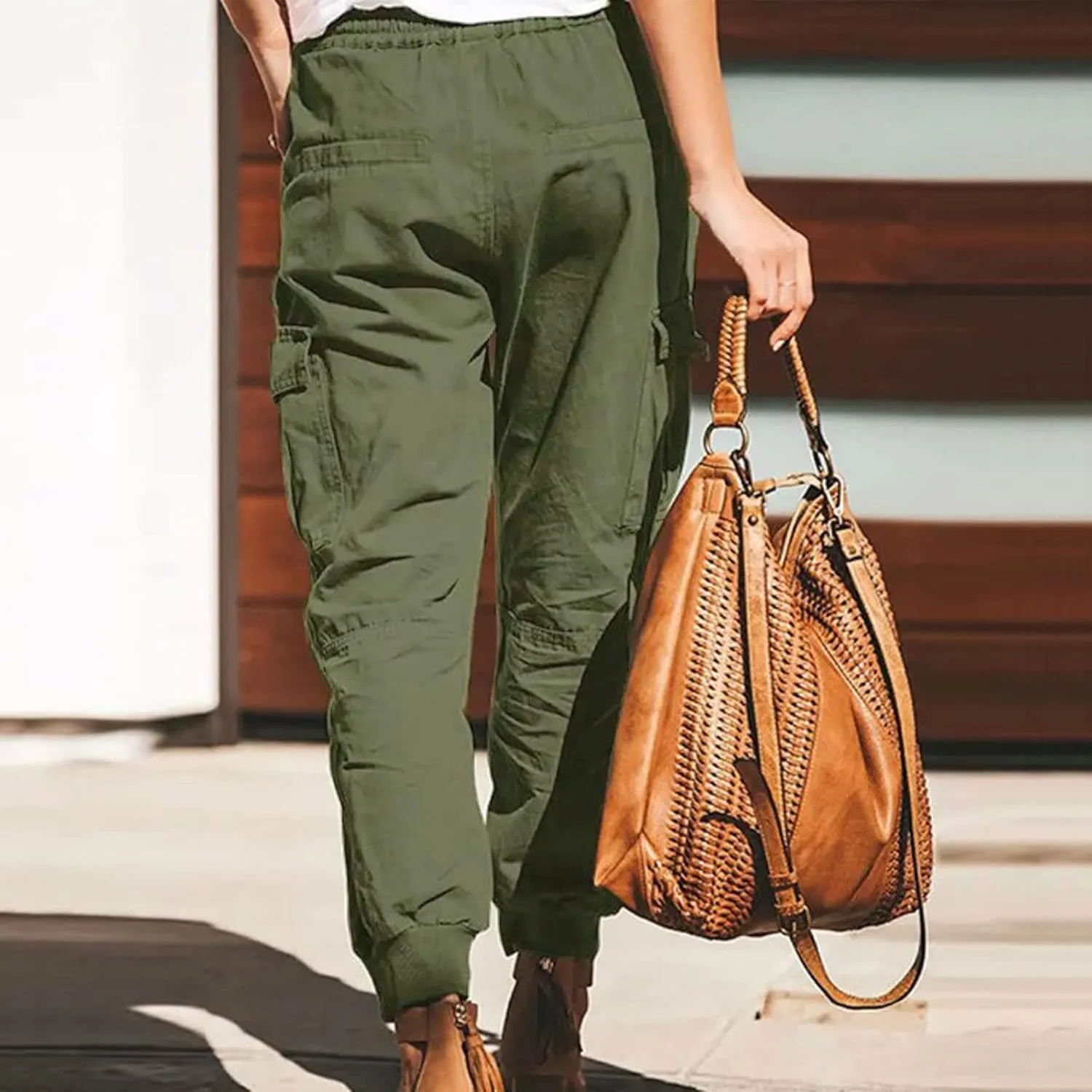 Petite Length Cargo Joggers Pants for Women Drawstring Elastic Waist Cropped Pants with Flap Pockets Athletic Fit Hiking Pant