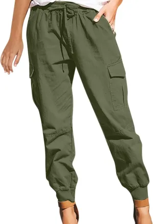 Petite Length Cargo Joggers Pants for Women Drawstring Elastic Waist Cropped Pants with Flap Pockets Athletic Fit Hiking Pant