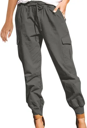 Petite Length Cargo Joggers Pants for Women Drawstring Elastic Waist Cropped Pants with Flap Pockets Athletic Fit Hiking Pant