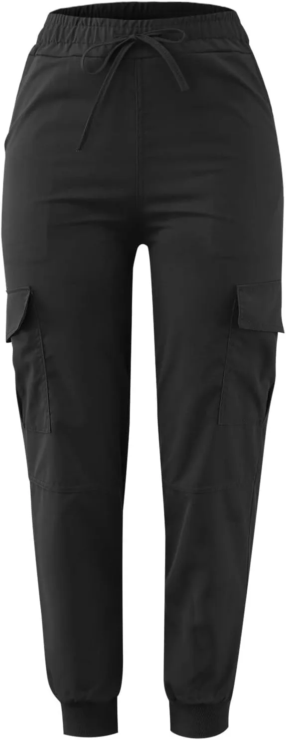Petite Length Cargo Joggers Pants for Women Drawstring Elastic Waist Cropped Pants with Flap Pockets Athletic Fit Hiking Pant