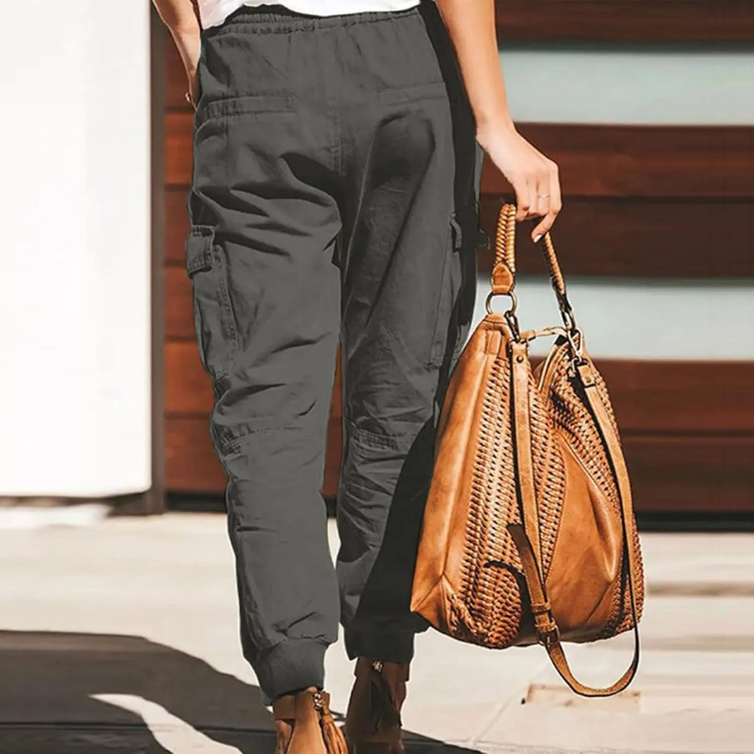 Petite Length Cargo Joggers Pants for Women Drawstring Elastic Waist Cropped Pants with Flap Pockets Athletic Fit Hiking Pant