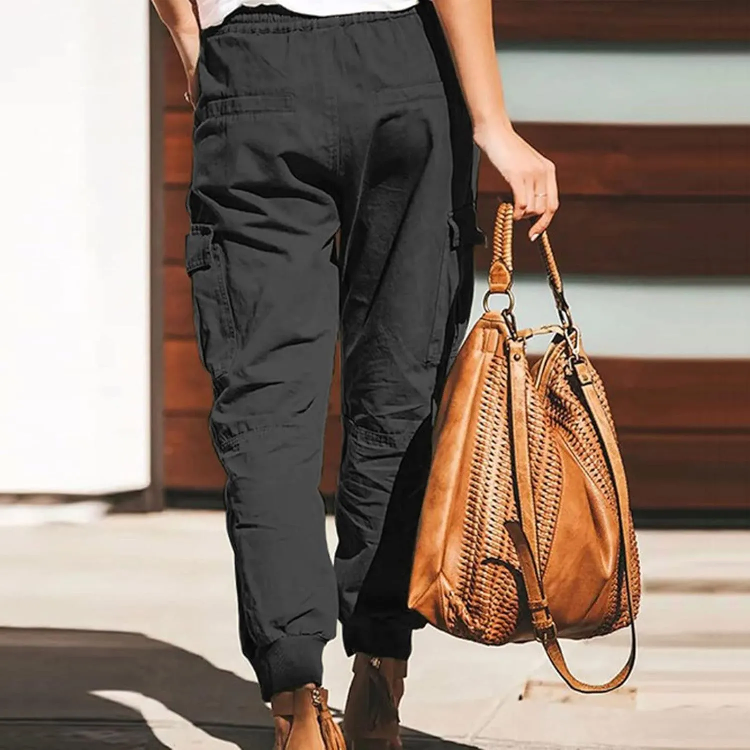 Petite Length Cargo Joggers Pants for Women Drawstring Elastic Waist Cropped Pants with Flap Pockets Athletic Fit Hiking Pant