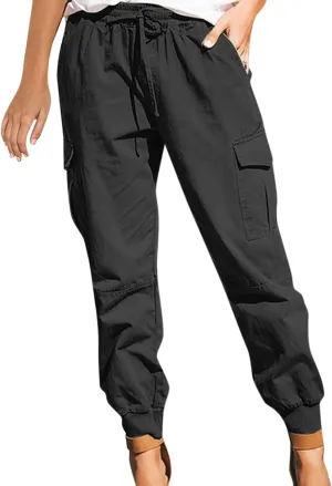 Petite Length Cargo Joggers Pants for Women Drawstring Elastic Waist Cropped Pants with Flap Pockets Athletic Fit Hiking Pant