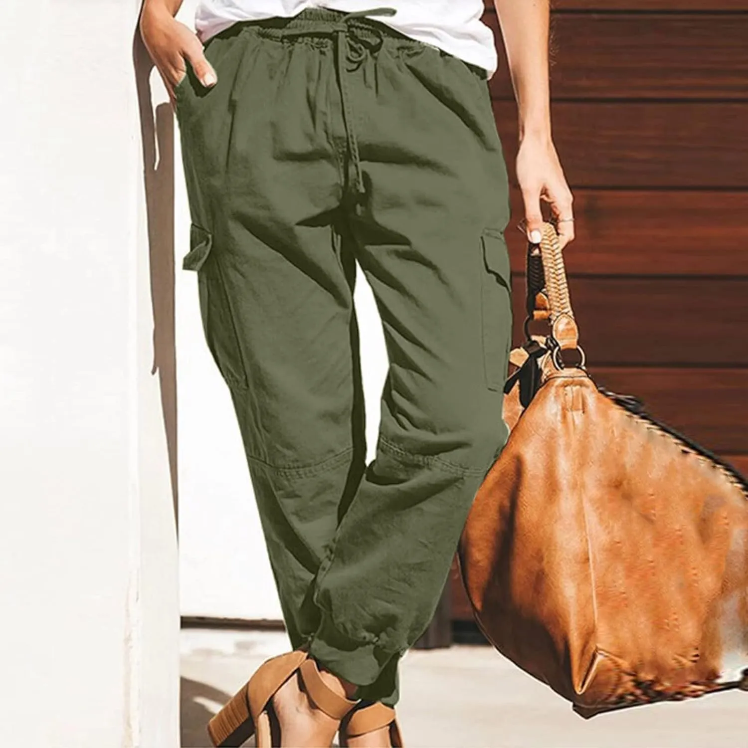 Petite Length Cargo Joggers Pants for Women Drawstring Elastic Waist Cropped Pants with Flap Pockets Athletic Fit Hiking Pant