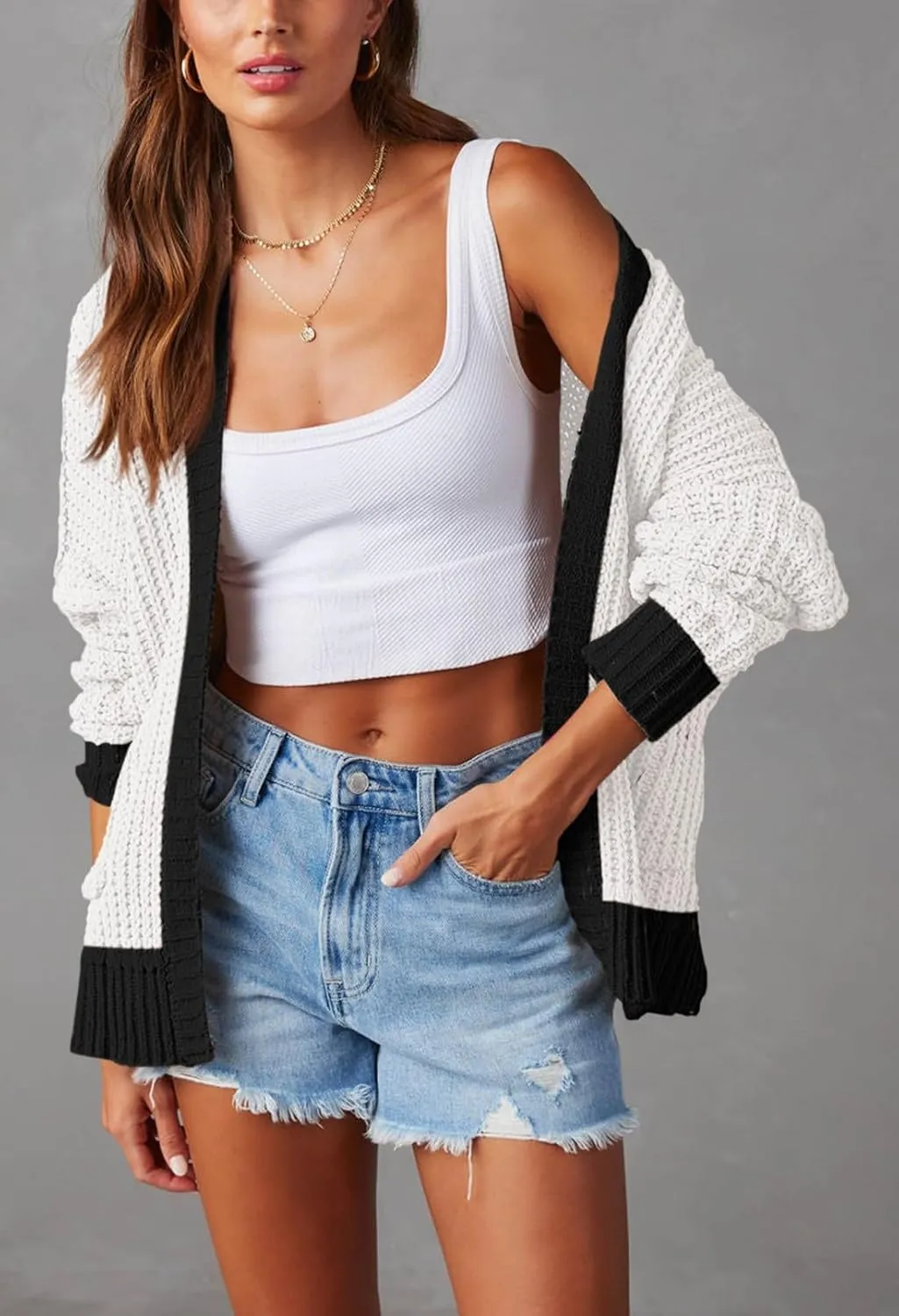 Pink Queen Women's 2024 Fall Winter Long Sleeve Cardigan Casual Open Front Oversized Knit Sweater Outerwear with Pockets