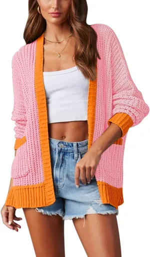 Pink Queen Women's 2024 Fall Winter Long Sleeve Cardigan Casual Open Front Oversized Knit Sweater Outerwear with Pockets