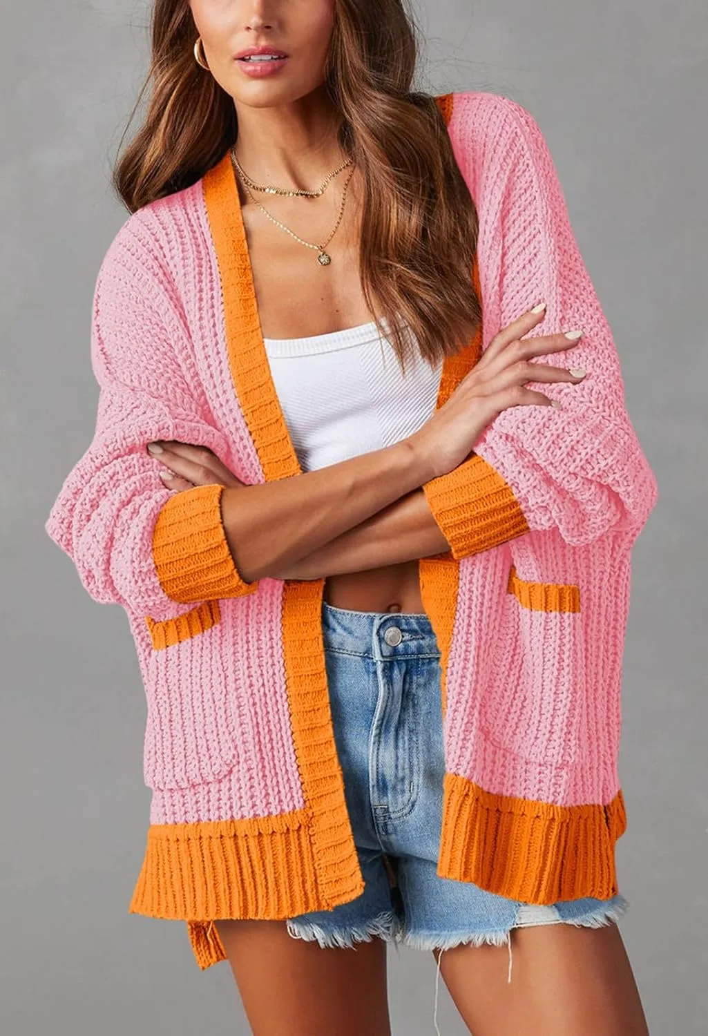 Pink Queen Women's 2024 Fall Winter Long Sleeve Cardigan Casual Open Front Oversized Knit Sweater Outerwear with Pockets