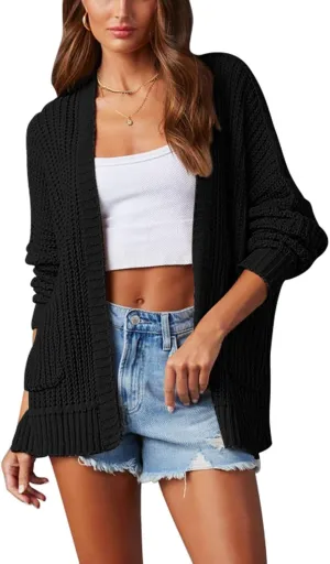 Pink Queen Women's 2024 Fall Winter Long Sleeve Cardigan Casual Open Front Oversized Knit Sweater Outerwear with Pockets