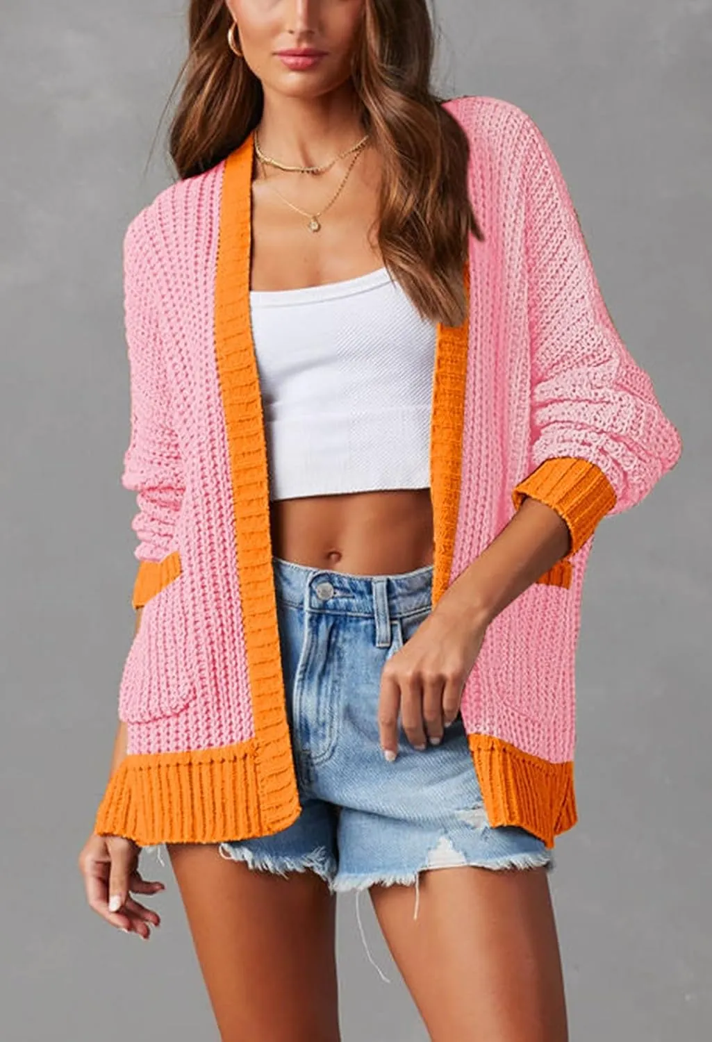 Pink Queen Women's 2024 Fall Winter Long Sleeve Cardigan Casual Open Front Oversized Knit Sweater Outerwear with Pockets