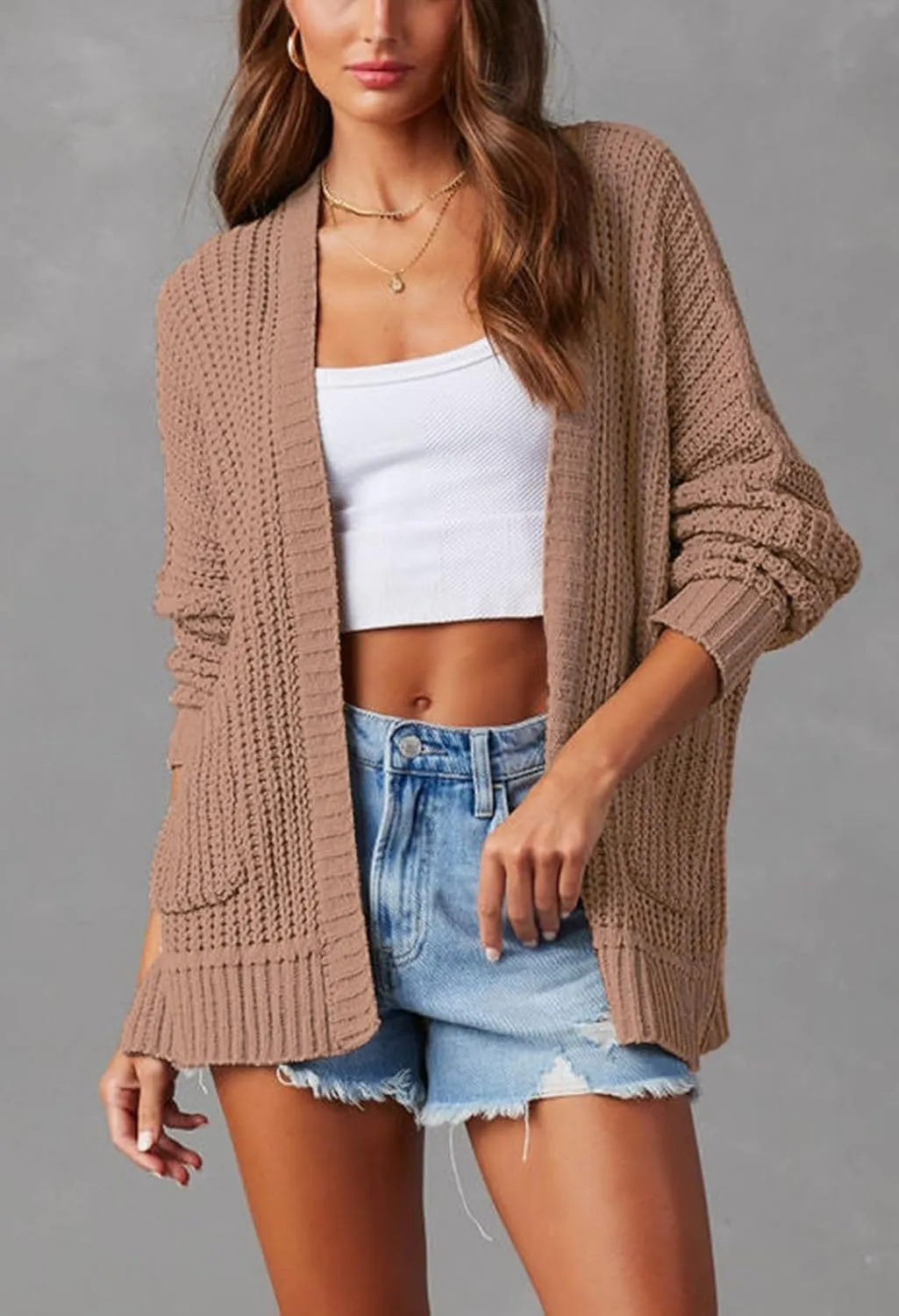 Pink Queen Women's 2024 Fall Winter Long Sleeve Cardigan Casual Open Front Oversized Knit Sweater Outerwear with Pockets