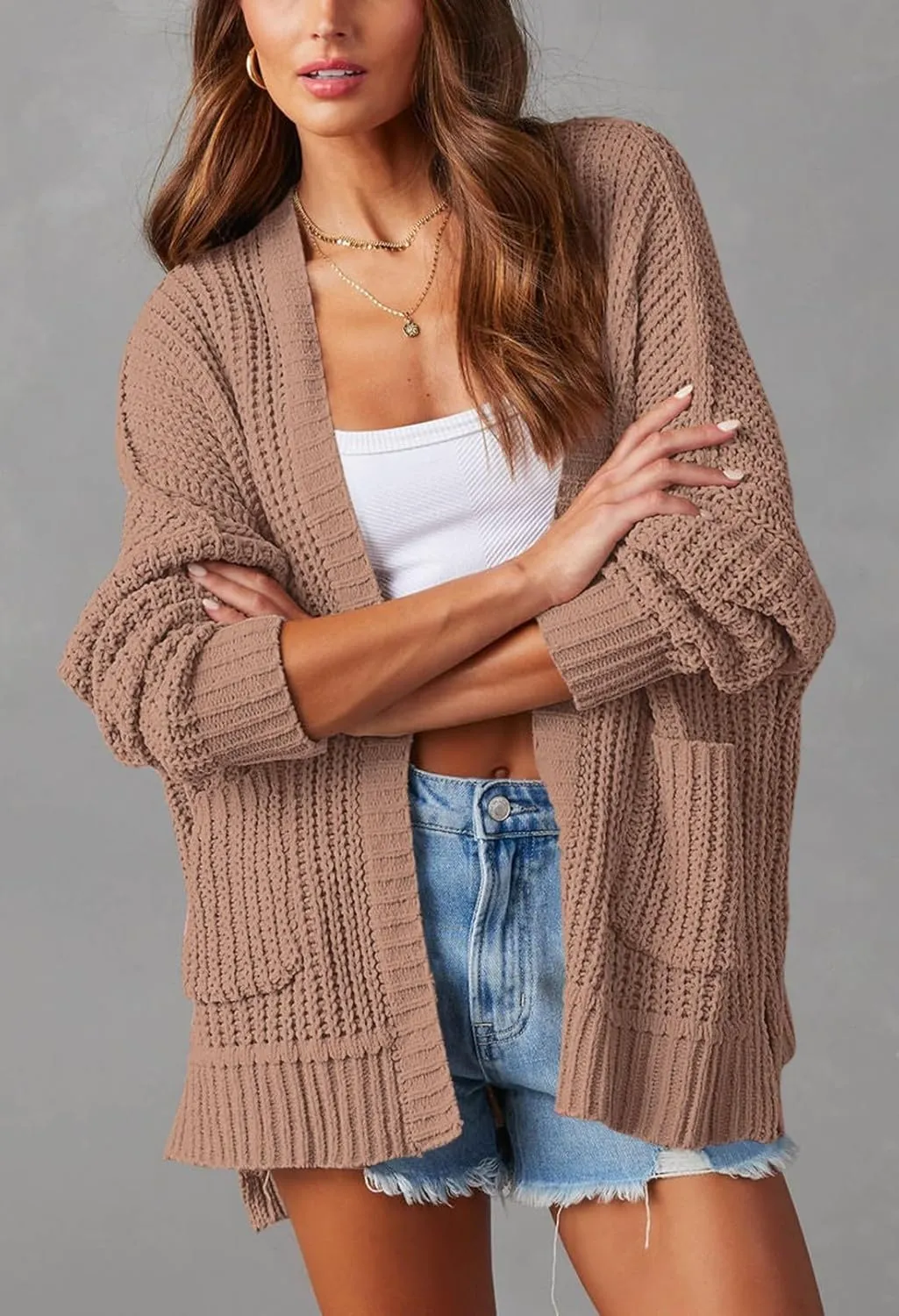 Pink Queen Women's 2024 Fall Winter Long Sleeve Cardigan Casual Open Front Oversized Knit Sweater Outerwear with Pockets