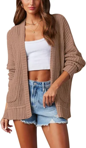 Pink Queen Women's 2024 Fall Winter Long Sleeve Cardigan Casual Open Front Oversized Knit Sweater Outerwear with Pockets