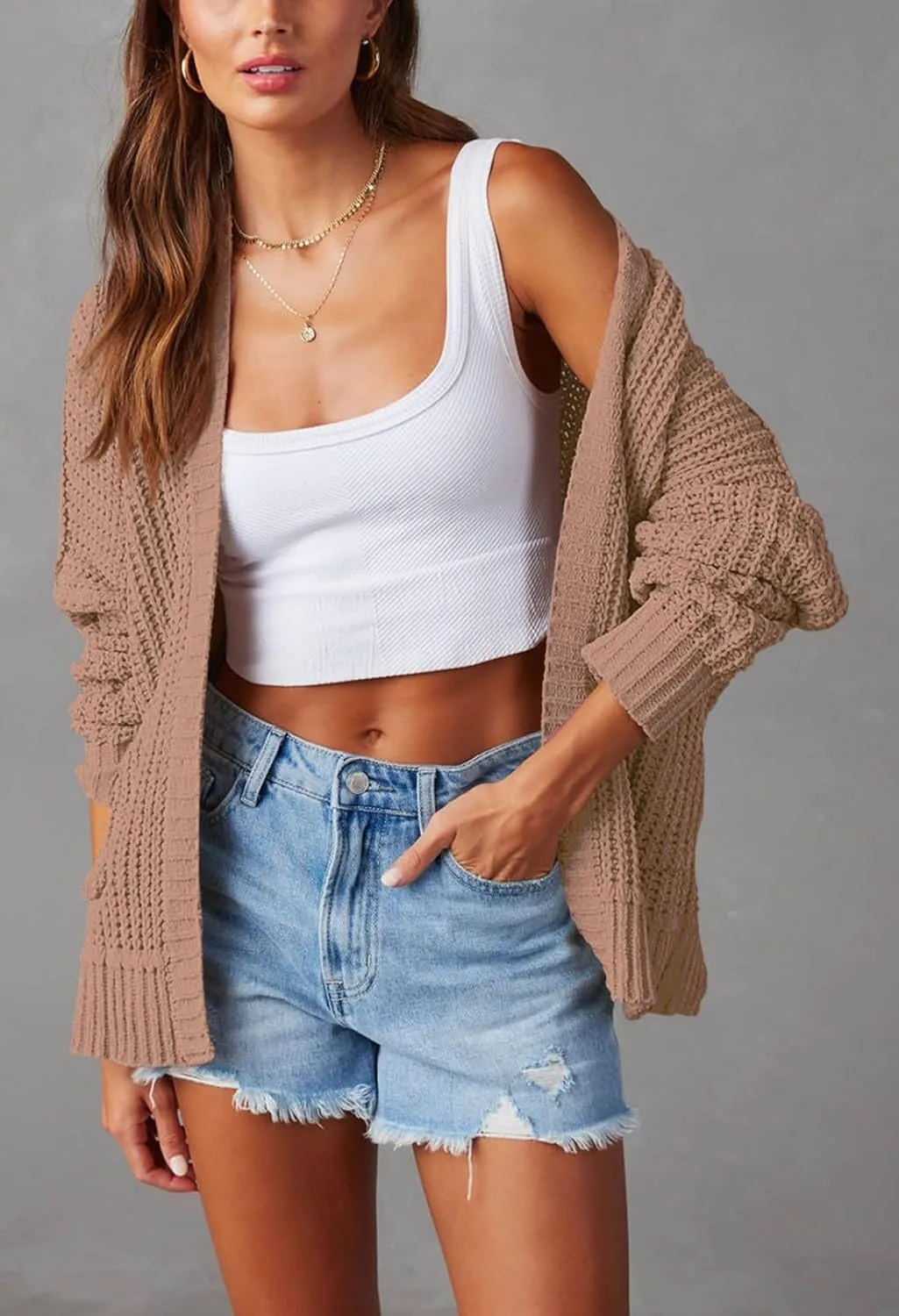 Pink Queen Women's 2024 Fall Winter Long Sleeve Cardigan Casual Open Front Oversized Knit Sweater Outerwear with Pockets