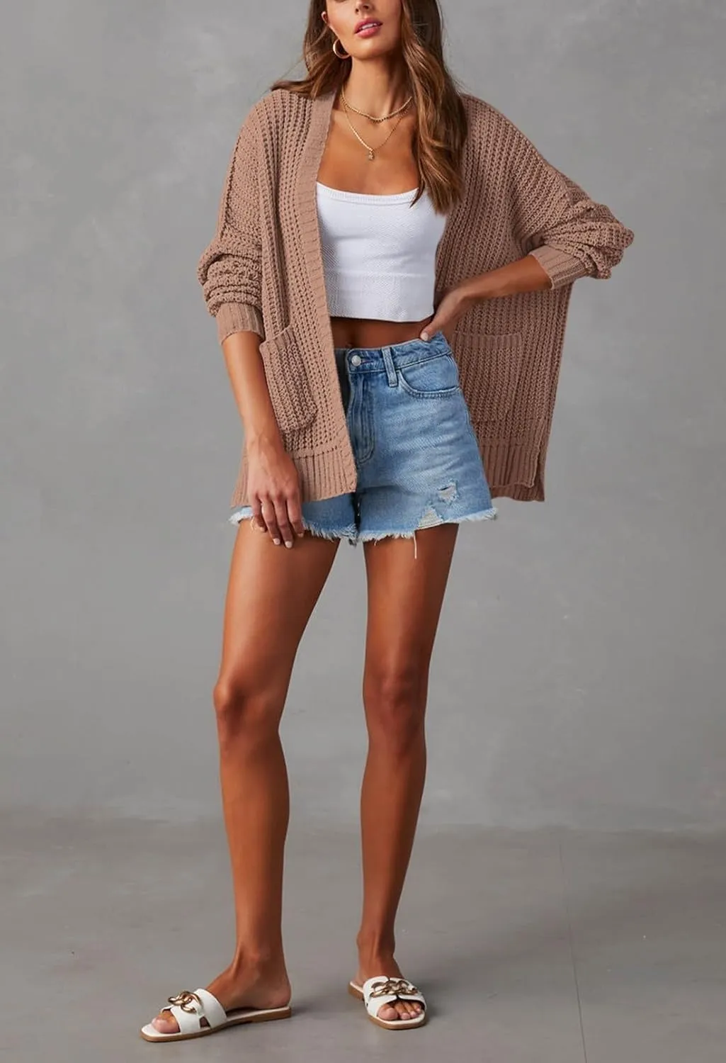 Pink Queen Women's 2024 Fall Winter Long Sleeve Cardigan Casual Open Front Oversized Knit Sweater Outerwear with Pockets