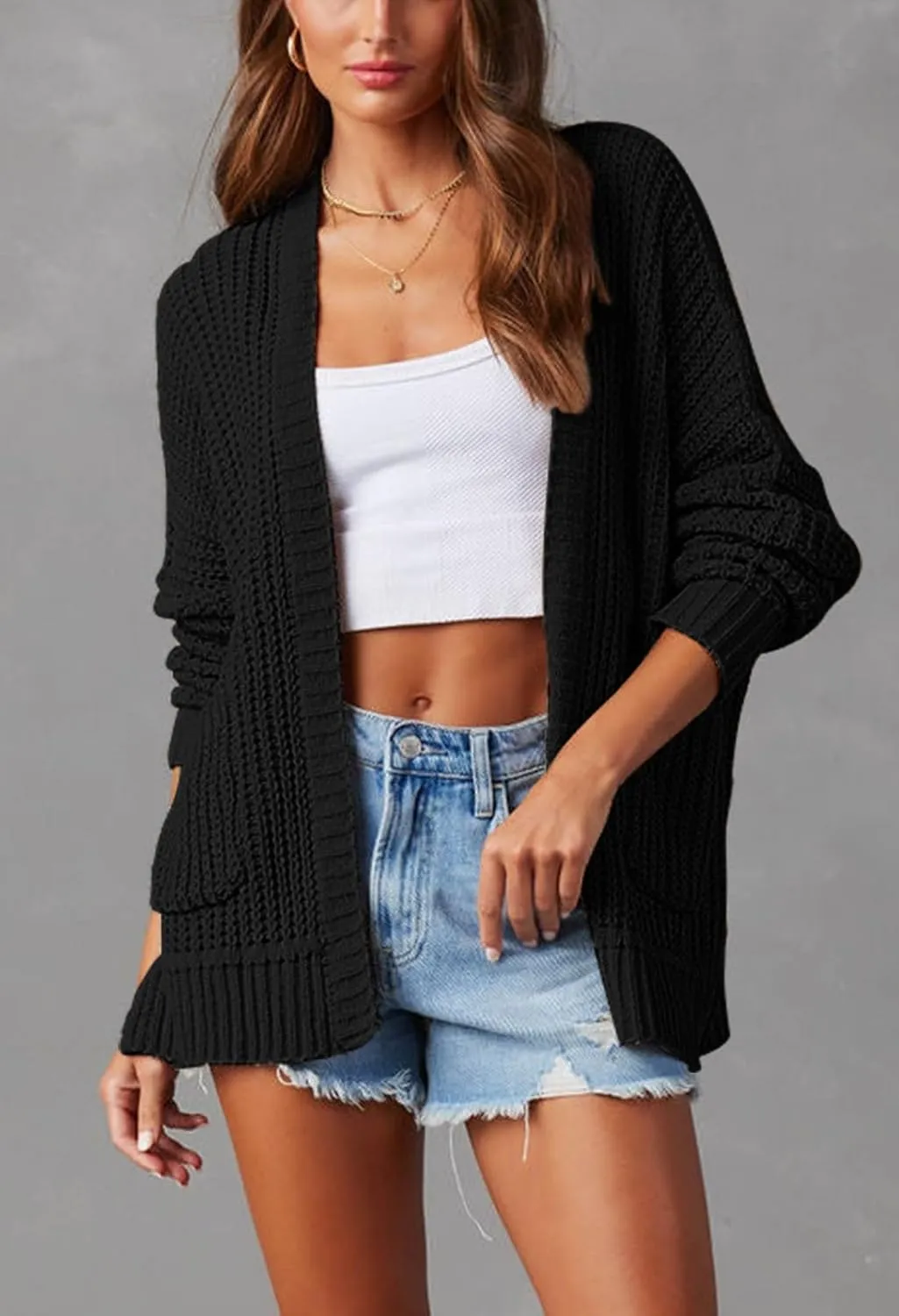 Pink Queen Women's 2024 Fall Winter Long Sleeve Cardigan Casual Open Front Oversized Knit Sweater Outerwear with Pockets