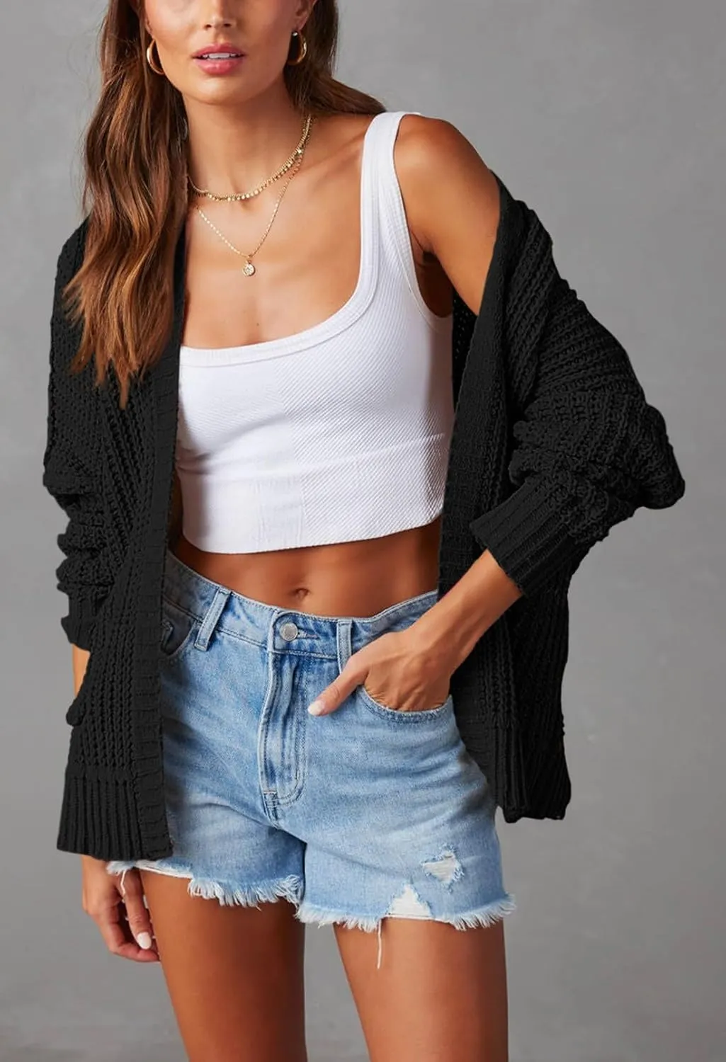 Pink Queen Women's 2024 Fall Winter Long Sleeve Cardigan Casual Open Front Oversized Knit Sweater Outerwear with Pockets