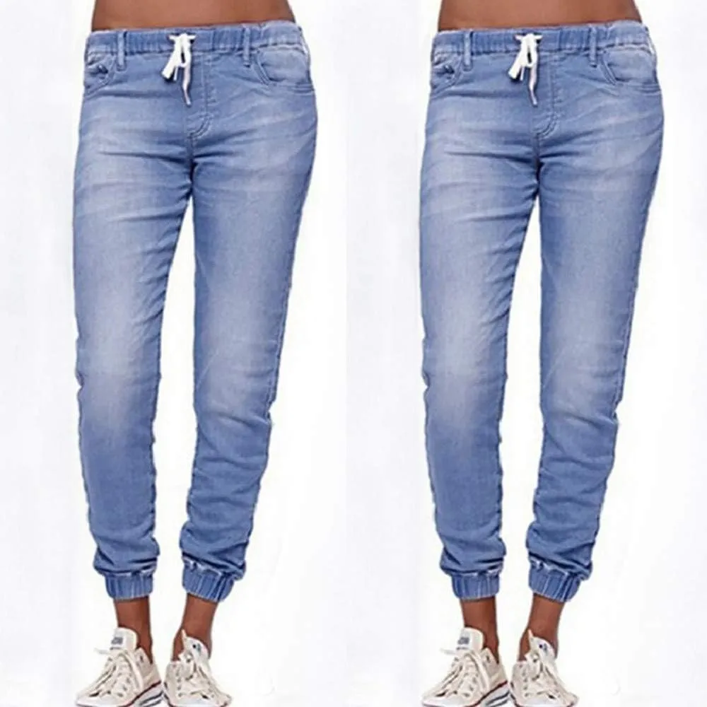 Plus Size Jeans for Women Casual Elastic Waist Drawstring Jogger Sweatpant Straight Leg Skinny Denim Pants Jegging