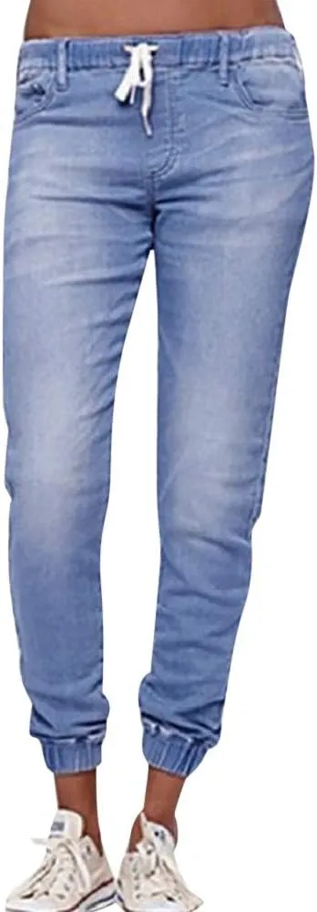Plus Size Jeans for Women Casual Elastic Waist Drawstring Jogger Sweatpant Straight Leg Skinny Denim Pants Jegging